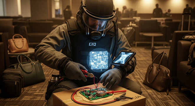 Bomb Disposal Specialist Neutralizing an Explosive Device in Public Area.
A dramatic, high-impact image capturing an Explosive Ordnance Disposal (EOD) technician or bomb disposal
