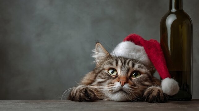 Adorable tabby cat in a Santa hat peeking over a ledge, next to a wine bottle.