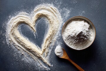 A bowl of flour and a spoon next to a heart made of flour