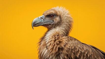 Fototapeta premium Close-up of a bird of prey with a beak and feathers against a yellow background.