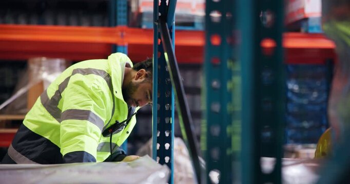 Logistics, man or inspection with tablet in warehouse for quality control, stock accuracy or shipping. Supply chain, picker and inventory database at shelves for order picking or package distribution