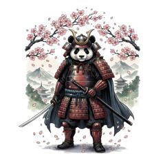 A powerful yet adorable panda samurai wielding a katana, surrounded by cherry blossoms. A fusion of Japanese warrior culture and cute animal design