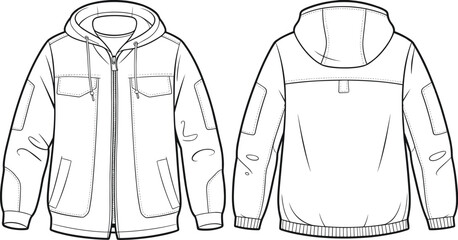 Hooded jacket technical sketch, zip-up front vector, chest pocket design, reinforced sleeve illustration, garment construction drawing, fashion flat views