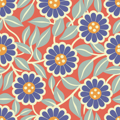 Retro floral pattern with blue and cream flowers on coral background.
