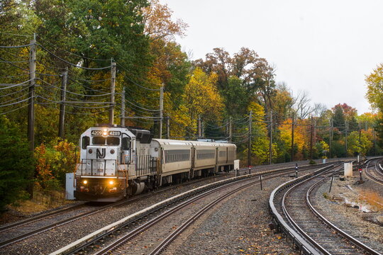 New Jersey Transit train leed by a GP40FH-2 locomotive on the Atlantic City line passing Ashland Station taken in October 2025 facing towards the South