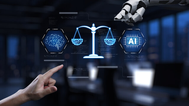 A futuristic scene showcasing a robotic hand interacting with digital scales of justice, representing the intersection of law, ethics, and artificial intelligence in a modern workspace. Synapse