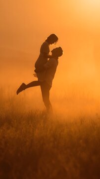Romantic couple embracing in golden sunset mist over a field