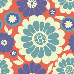 Retro floral pattern with blue and cream flowers on coral background.