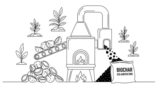 Coconut Shell Biochar Furnace Line Art for Eco Agriculture