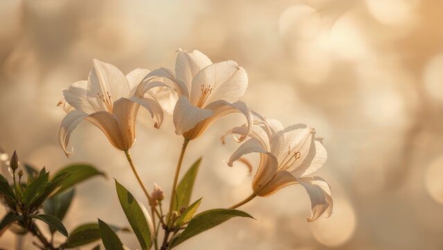 White flowers with green leaves, delicate petals, and warm background lighting. Nature and floral concept. Botany and plant life. The concept of flowers and natural beauty.