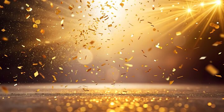 Golden confetti falling in dramatic spotlight