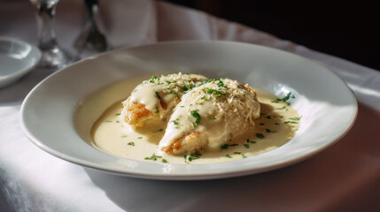 Close-up of chicken dish served in a wide white bowl, smothered in a rich cream sauce, topped with Parmesan cheese and parsley, presented on a white tablecloth in a high-end restaurant setting.