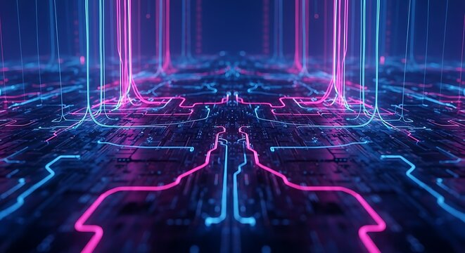 Futuristic Abstract Digital Circuit Board Background Featuring Glowing Pink and Blue Neon Light Paths Representing High Speed Data Transfer and Advanced Artificial Intelligence Technology - Powered by Adobe