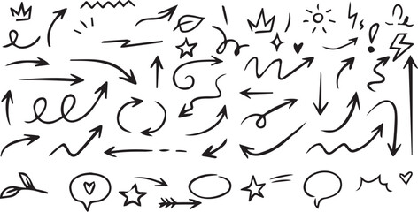 hand drawn doodle arrows collection with curved straight wavy decorative elements stars hearts swirls sketchy black ink style for infographic design