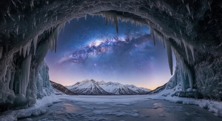 Breathtaking night sky vista of the vibrant Milky Way galaxy and distant snow-capped mountains, framed by the ethereal blue ice formations of a majestic frozen grotto