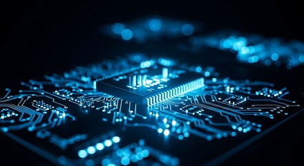 Advanced Central Processing Unit Microchip Illuminated with Bright Blue Light on a Dark Printed Circuit Board Representing High Speed Digital Data Transfer and Futuristic Computing Technolog