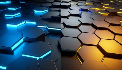 Futuristic Neon Honeycomb Pattern with Glowing Hexagons and Circuit Texture
