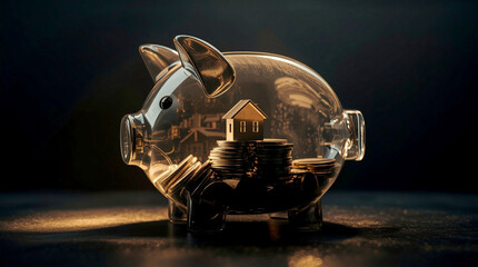 Transparent piggybank filled with coins and miniature house symbolizing finance, investment, savings, mortgage, property, and real estate wealth concept