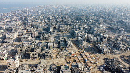 Obraz premium Aerial View of Damaged Residential Neighborhood with Hospitals and Institutions