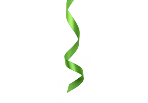 Green ribbon curling and twisting downwards, isolated on transparent background grainy