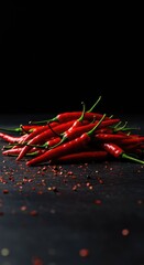 A vibrant, intensely red pile of hot chili peppers resting on a dark surface, symbolizing extreme heat, bold flavor, and cooking spice ingredients ,vibrant ,dried ,Red