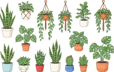 Vibrant Houseplants Arranged in Pots, Home Environment, Digital Illustration, Cozy Viewpoint