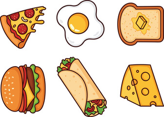 Cartoon food icon set, pizza, egg, toast, burger, taco, cheese illustrations, colorful snack vector, playful culinary design, kids menu graphics