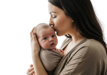 Mother gently kissing her newborn baby on the forehead, holding the infant wrapped in a soft blanket, isolated on transparent background grainy