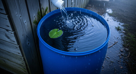 Fresh rainwater pouring into a blue barrel with a floating lily pad.
A high-angle, close-up shot capturing a rain harvesting system. A stream of water is actively pouring from a white downspout into 