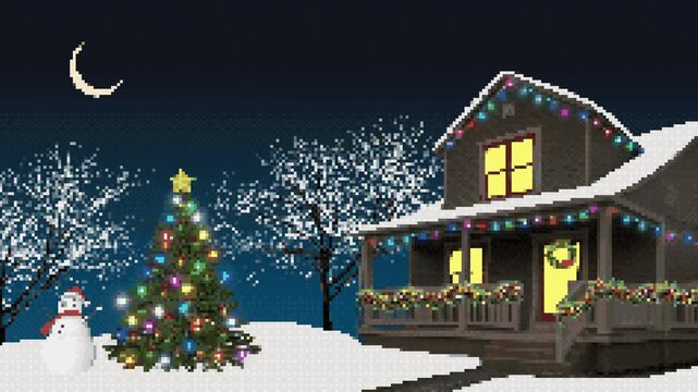 8-bit pixel background featuring a Christmas house and yard with a Christmas tree. A residential building decorated for Christmas in the evening. Looping New Year's animation.