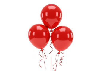 A cluster of three bright red balloons with curly ribbons, floating upwards, isolated on a transparent background, perfect for parties grainy