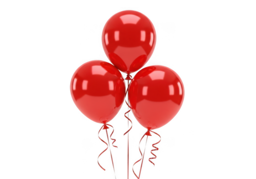 A cluster of three bright red balloons with curly ribbons, floating upwards, isolated on a transparent background, perfect for parties grainy