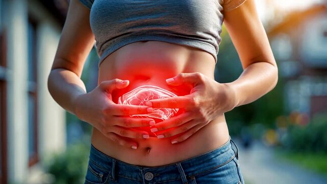 Woman holding lower abdomen with red highlighted stomach pain area outdoors in daylight
