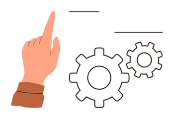 Hand pointing at interface lines with mechanics of two gears. Ideal for workflow, strategy, automation, process, teamwork, productivity, technical operations. Simple flat metaphor