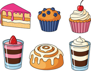 Dessert vector set, layered cake, cupcake, muffin, cinnamon roll, parfait glass, sweet treat illustration, colorful bakery icons, confectionery design