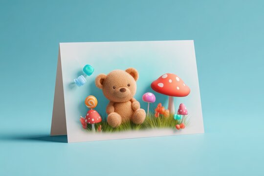 A teddy bear is sitting on a mushroom in a field