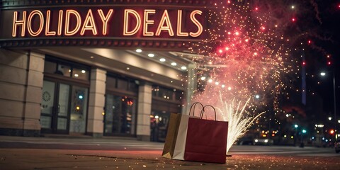 Obraz premium Festive holiday deals sign with fireworks display