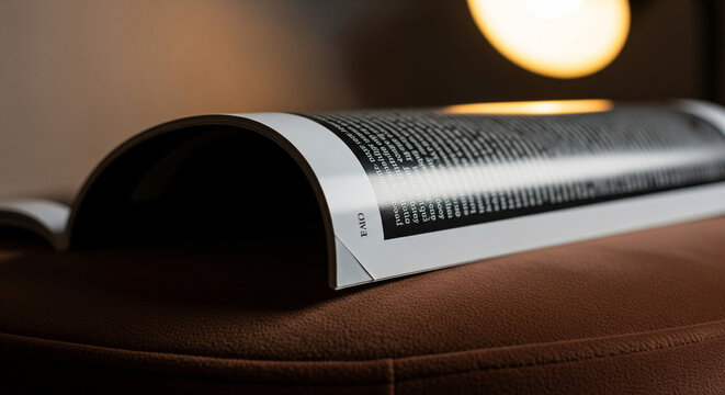 Opened book resting on a leather surface under soft, warm light.
A close-up, low-angle shot of an open book or magazine, whose spine is bent and resting on a textured