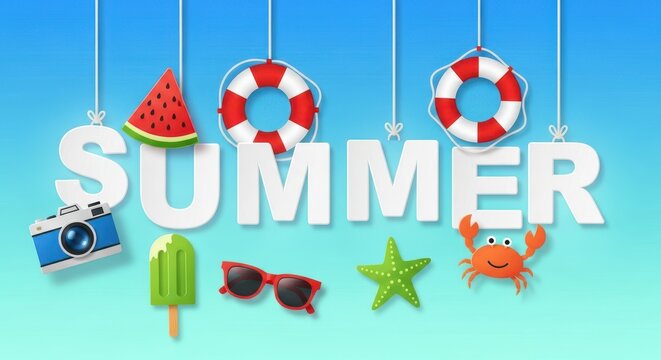 A vibrant, playful 3D illustration conveying the essence of summer, with the word "SUMMER" rendered in large, white, slightly brighted sans-serif capital letters hanging from thin white strings agains - Powered by Adobe