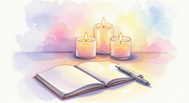 A watercolor illustration of an open journal and lit candles. This tranquil scene evokes mindfulness, creativity, and peace. Perfect for wellness blogs, writing themes, or spiritual content.