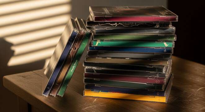 Stack of old music CDs illuminated by window blind light.
A moody, low-key indoor shot featuring a tall, slightly messy stack of old compact discs (CDs) in their plastic jewel cases