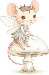 Charming little fairy mouse sitting on a mushroom, a whimsical and magical illustration perfect for children's books and fantasy themes.