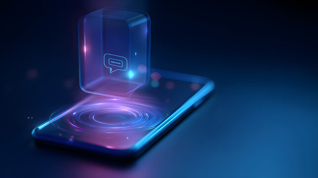 AI chatbot hologram floating above a smartphone, glowing UI lines, soft gradient background, high-resolution.