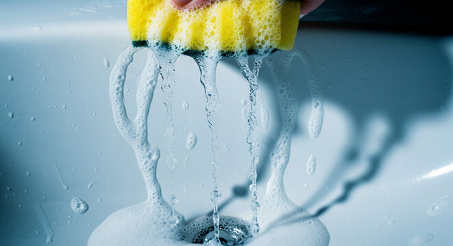 Hand holding soapy yellow sponge dripping foam into white sink.
A bright, high-angle close-up shot of a hand holding a rectangular yellow sponge over a clean, white ceramic sink basin