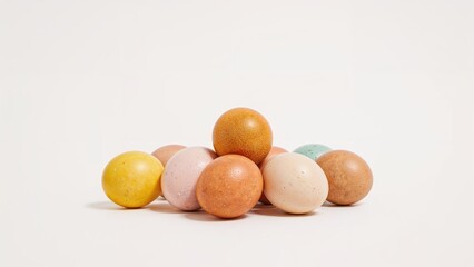 Group of colorful eggs arranged on a plain surface with a white background.