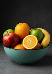 A vibrant ceramic bowl filled with assorted fresh, colorful fruit including apples, citrus, and ripe bananas, perfect for a healthy diet ,organic ,food ,dish