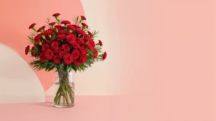 Fototapeta premium A bouquet of red flowers in a glass vase against a pink background.