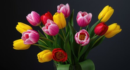 A vibrant collection of pink, yellow, and red tulips arranged beautifully in a simple container, celebrating spring freshness and color ,celebration ,floral ,closeup