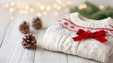 Cozy Festive Sweater with Decorative Bow Surrounded by Pine Cones and Soft Lights, Perfect for Holiday Gatherings and Seasonal Celebrations