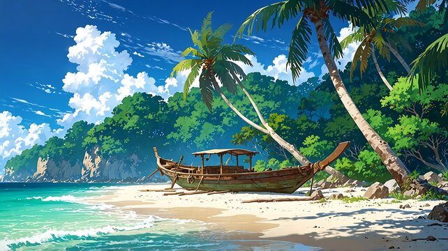 Vibrant anime illustration of an idyllic tropical beach paradise, with a traditional wooden boat, swaying palm trees, and turquoise ocean. - Powered by Adobe
